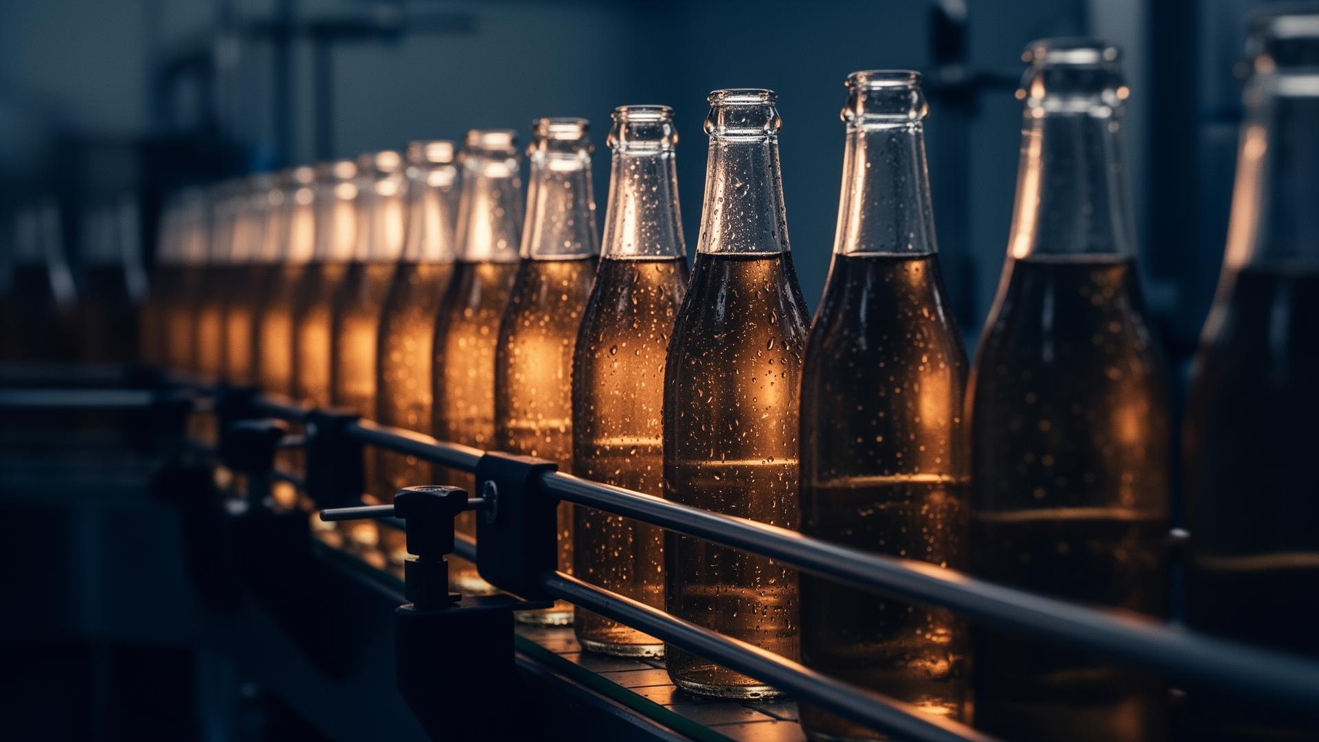 Amber-lit glass bottles moving along a beverage bottling line